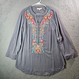 Solitaire Tunic Top Shirt Dress Women Large‎ Embroidered Long Sleeve Gray
